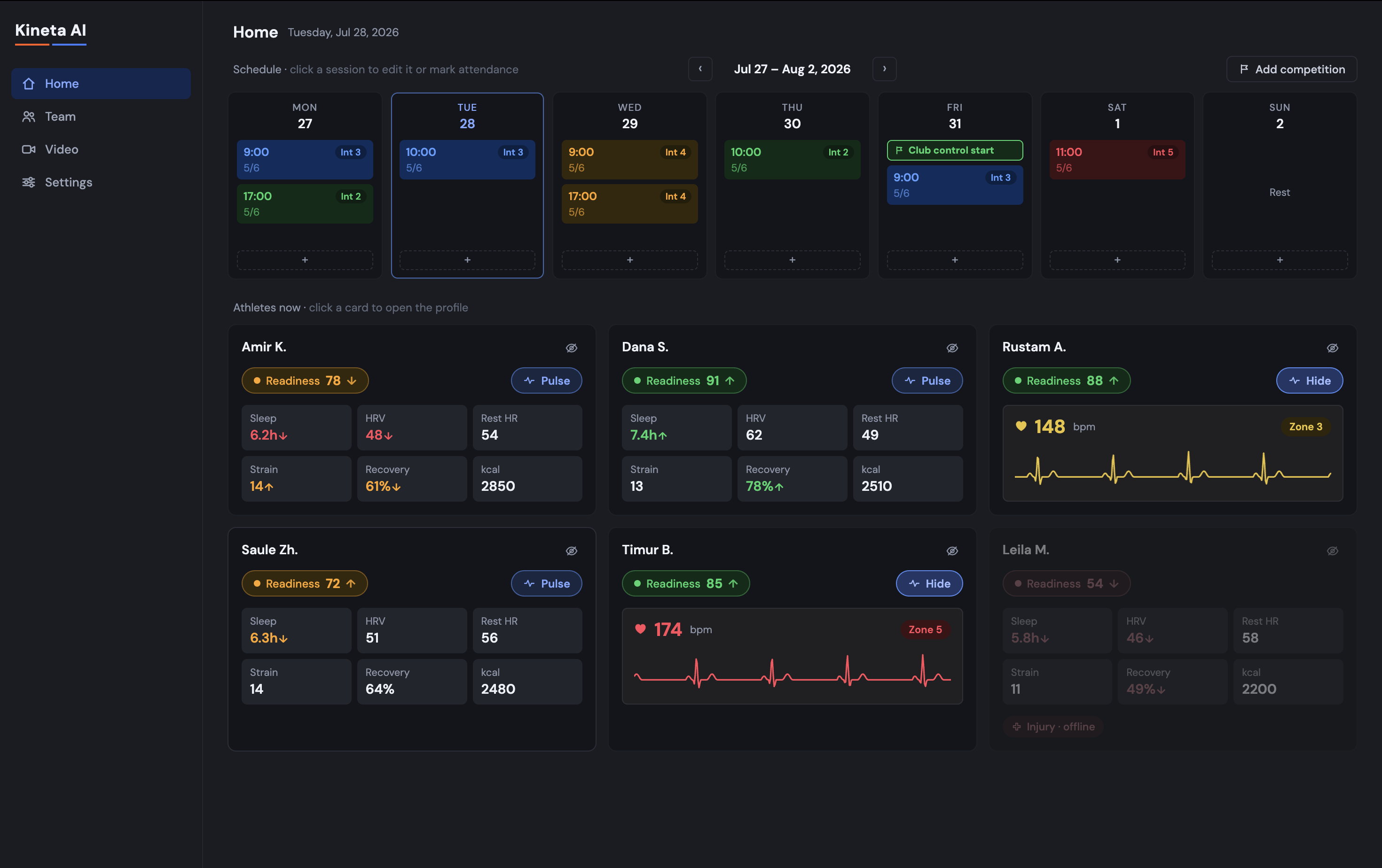 Kineta coach dashboard — weekly schedule and live athlete cards